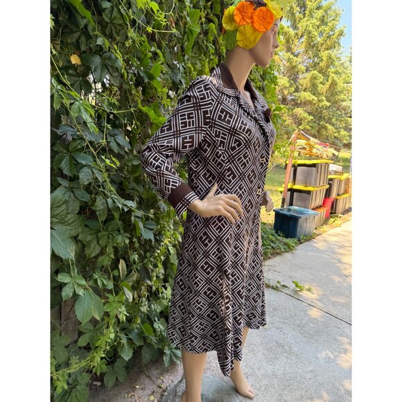 60s 70s Francoise Desarbre Wool Blend Knit Dress Brown Ivory Geometric France - Picture 10 of 16